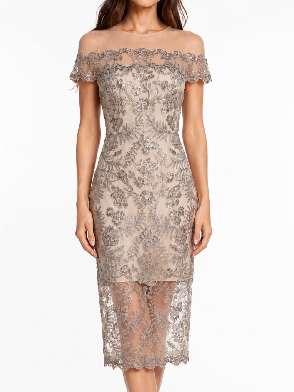 Tadashi Shoji Silver Sequin Embroidered Sheath Midi Dress Women’s Size 2
